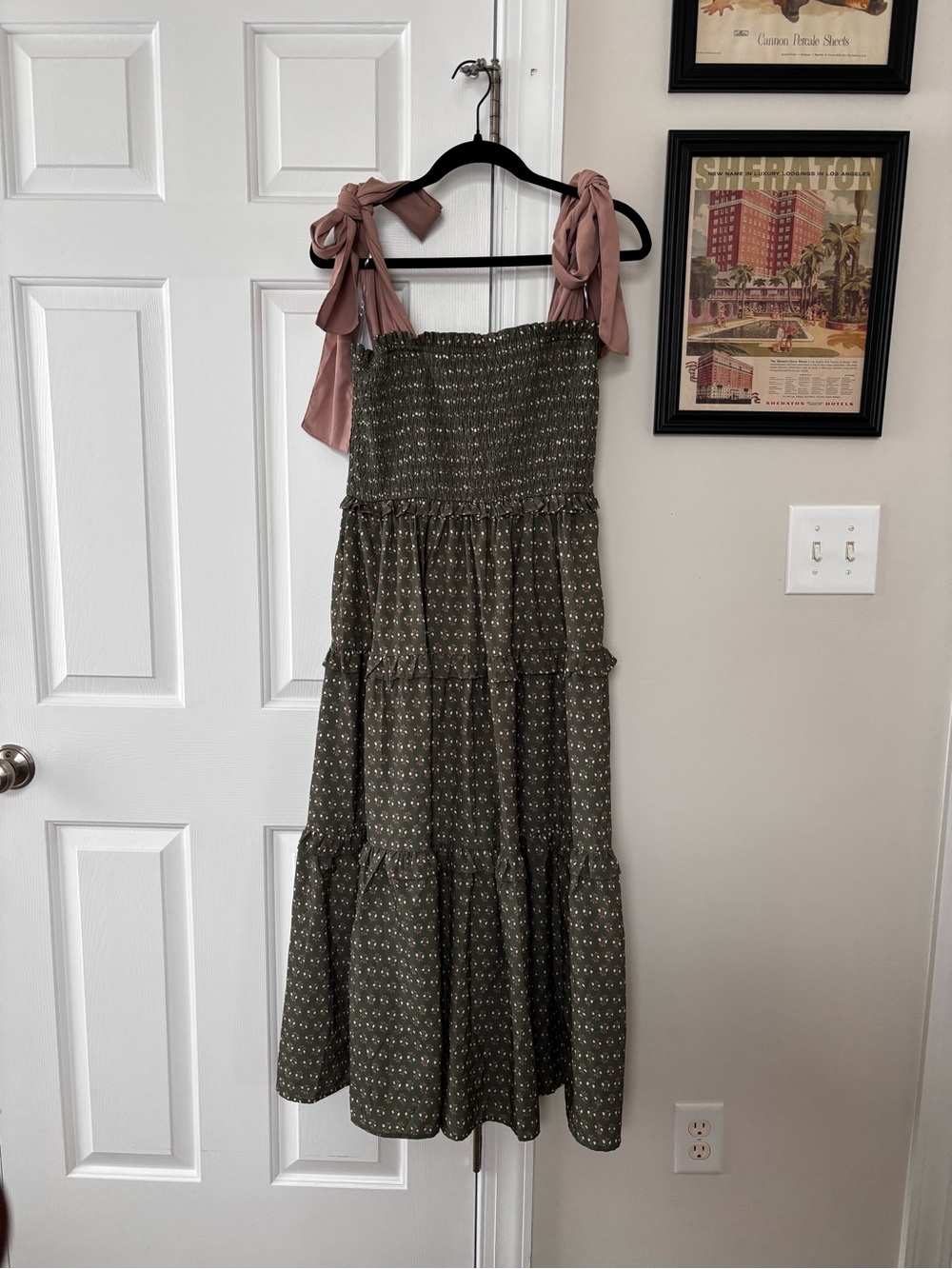 Smocked Tiered Maxi Dress with Tie Shoulder Straps - Olive Green